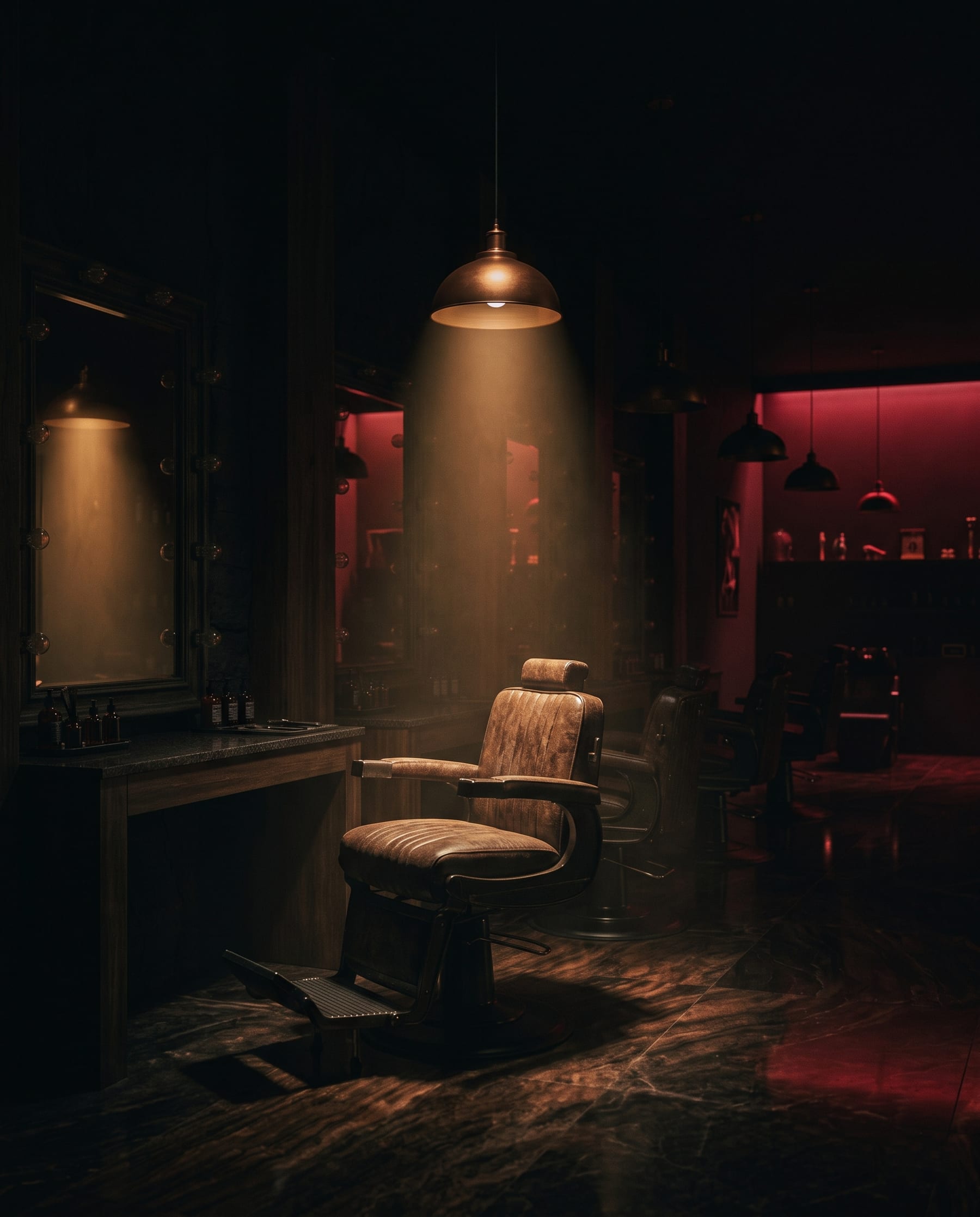 Premium barber chair under warm light at Red Gents Salon Dubai